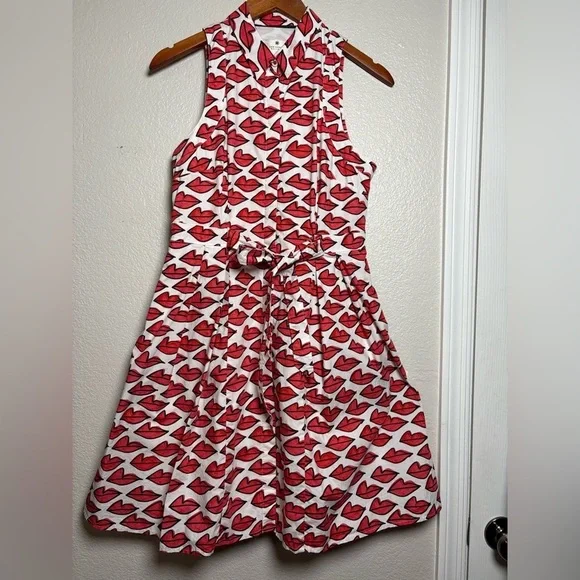 Anthropologie Red Smooch Dress. All Over Red Lip Design. Button Front. Pockets. - Picture 8 of 16